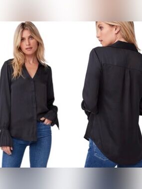 Paige Abriana Flared Cuff Long Sleeve‎ V-neckline Blouse in Satin Feel Black